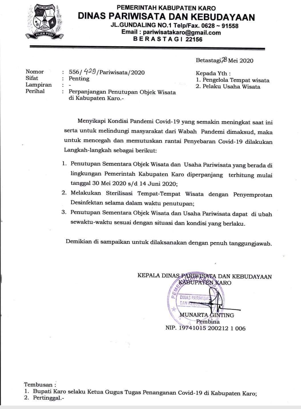 Disparbud Karo Perpanjang Penutupan Objek Wisata di Karo
