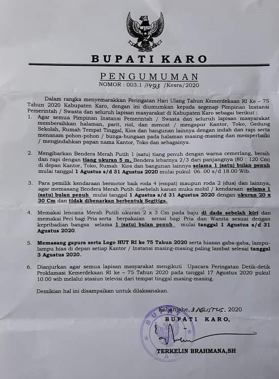 Surat Pengumuman Yang dikeluarkan Bupati Karo Terkelin Brahmana SH MH Terkait Imbauan Menyemarakkan Peringatan HUT Kemerdekaan RI ke-75