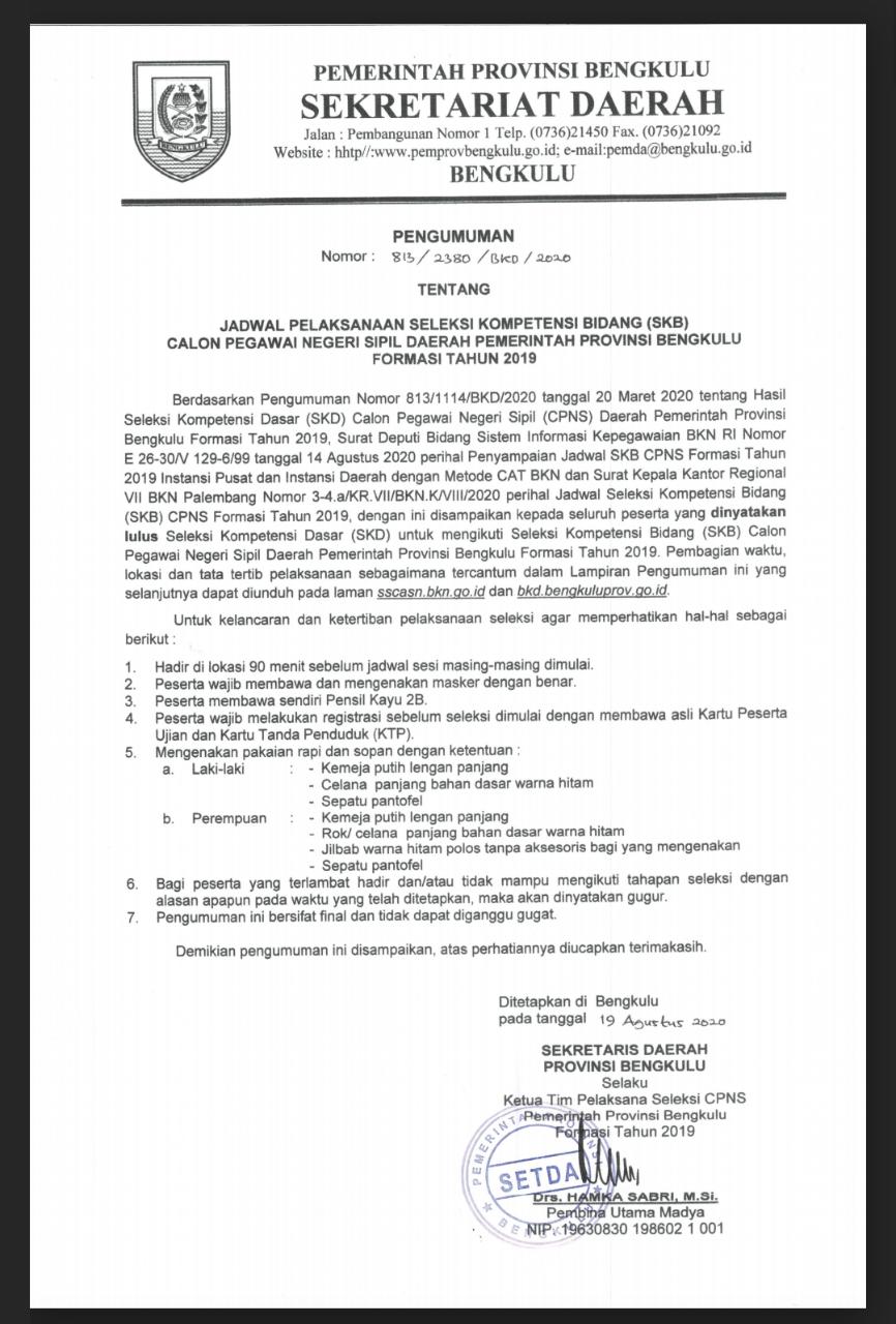Sempat Tertunda Berikut Jadwal Pelaksanaan SKB CPNS di Provinsi Bengkulu