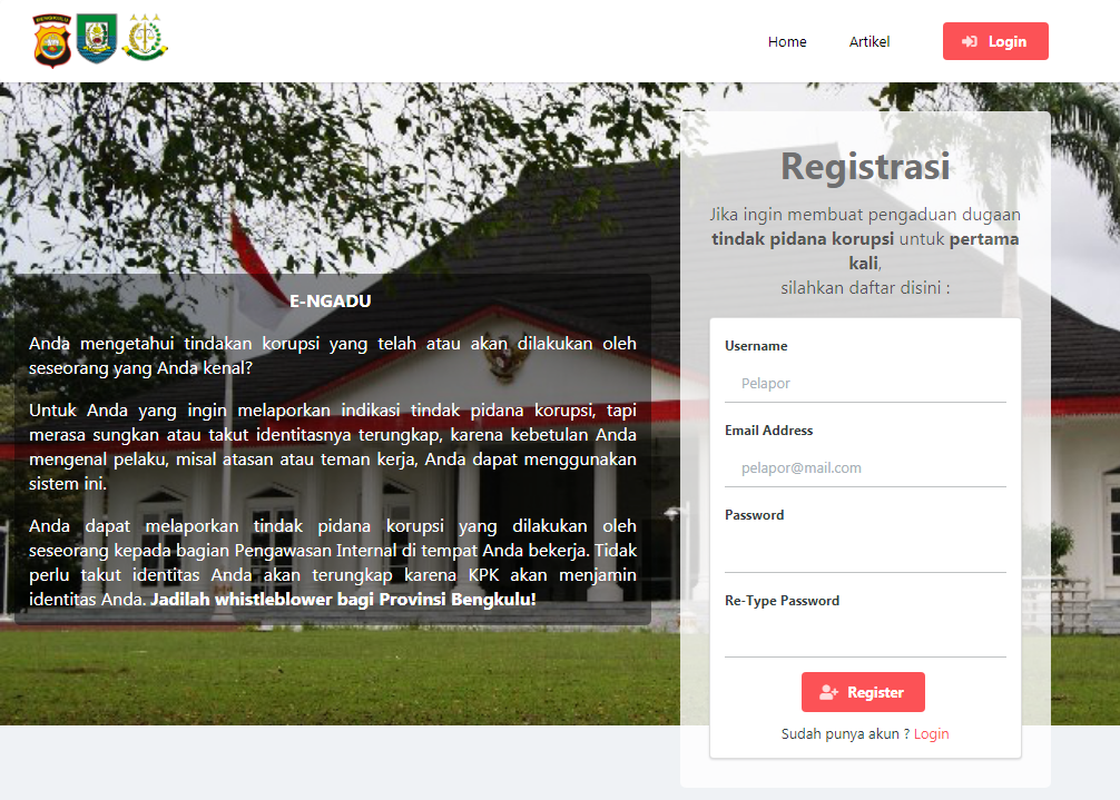 Halaman Depan Website E-Dumas (e-ngadu.bengkuluprov.go.id)