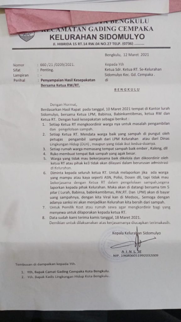 Lurah Sido Mulyo Surati RT Terkait SE Walikota Terkait Kebersihan Lingkungan 