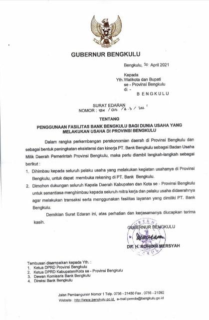 Keluarkan SE Gubernur Rohidin Imbau Pelaku Usaha Gunakan Fasilitas Bank Bengkulu