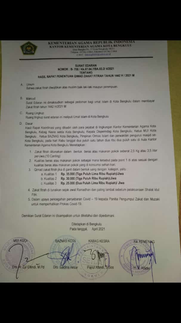 Kemenag Terbitkan SE Besaran Zakat Fitrah Tahun 1442 H