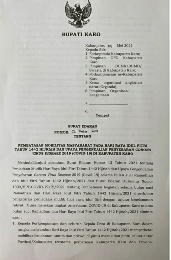 Jelang Idul Fitri Bupati Karo Keluarkan Surat Edaran Pembatasan Mobilitas