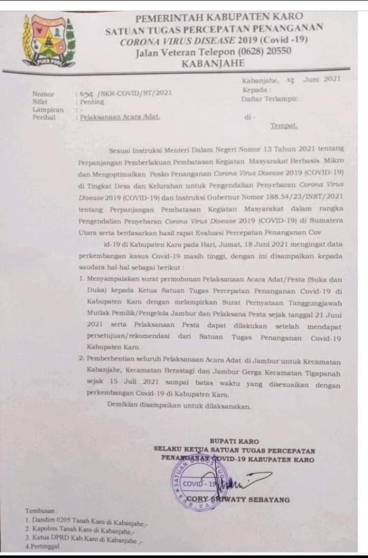 Bupati Karo Keluarkan Surat Edaran Pemberhentian Pelaksanaan Pesta Adat