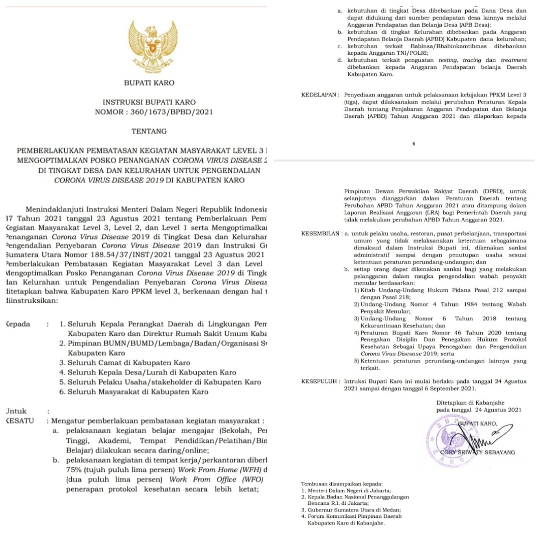 Bupati Karo Kembali Keluarkan Instruksi Perpanjangan PPKM