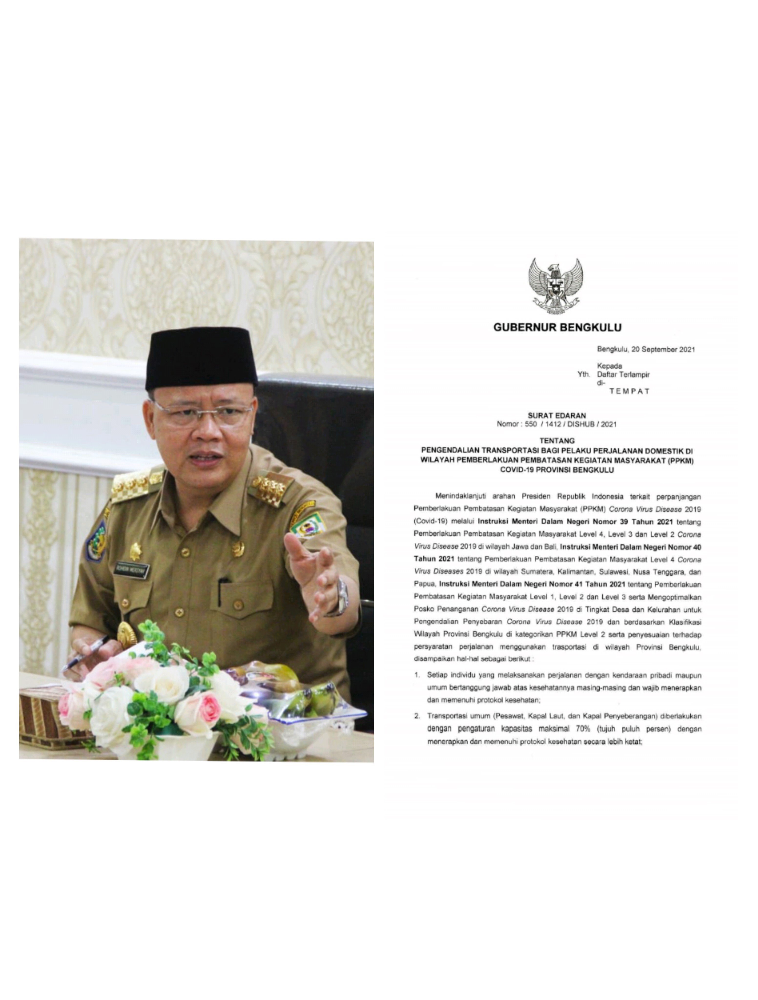 Gubernur Rohidin Keluarkan SE Tentang Pengendalian Transportasi