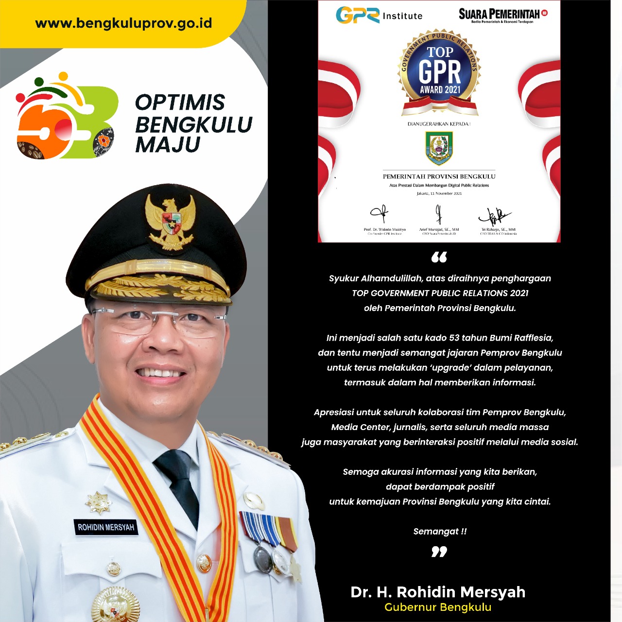 Sukses Bangun 'Image' Daerah Dengan Pemberitaan Positif Pemprov Bengkulu Diganjar Penghargaan