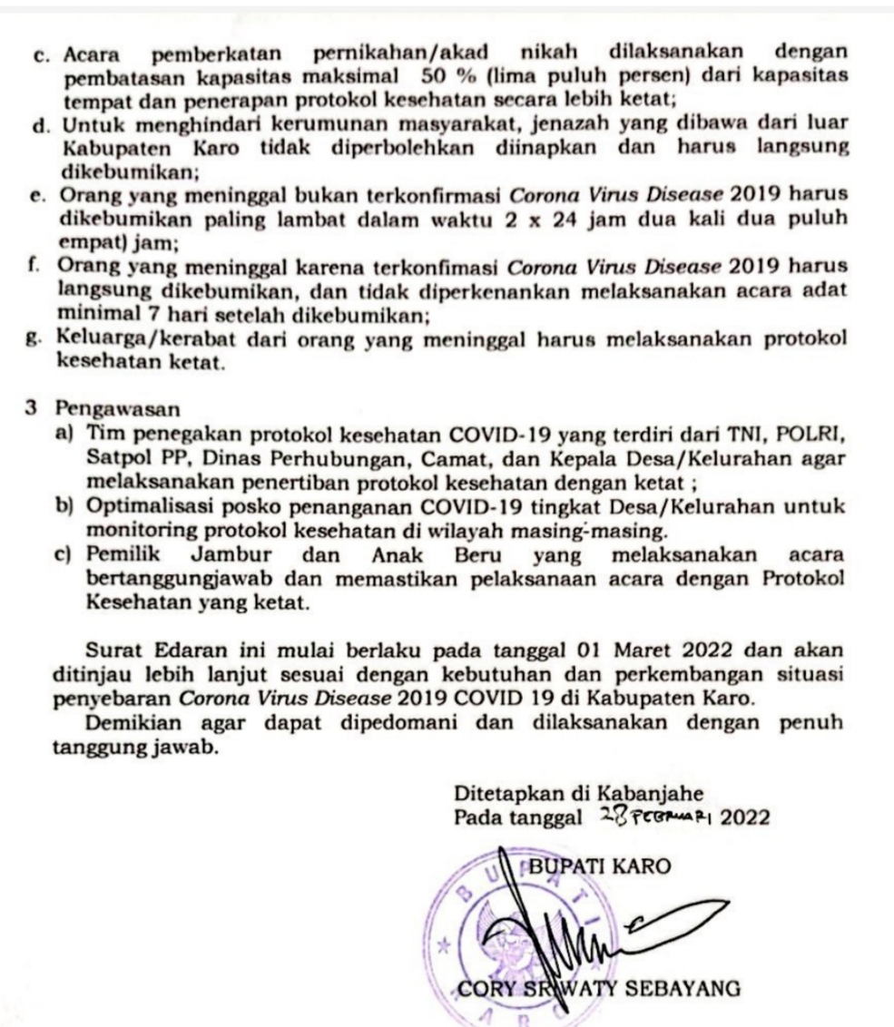 Pengendalian Penyebaran Covid-19 Bupati Karo Keluarkan SE