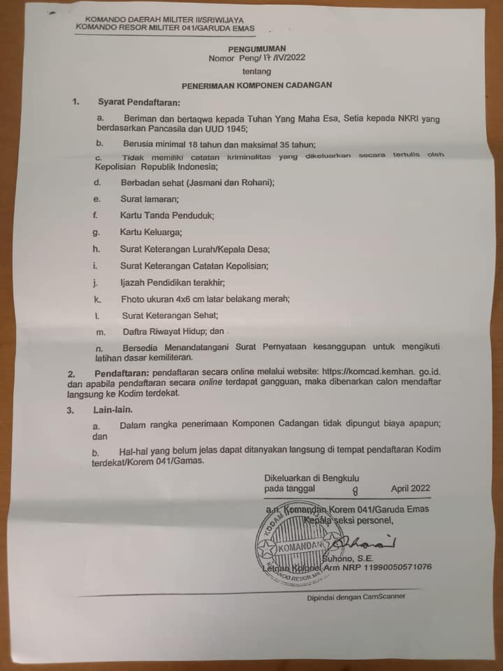 Penerimaan Personel Komponen Cadangan (KOMCAD) Matra Darat Di Wilayah Kodam II/Sriwijaya TA 2022 