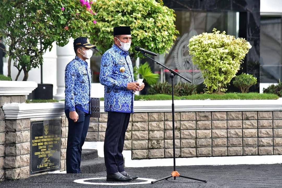 Edy Rahmayadi saat sambutan pada kegiatan apel pagi di lingkungan Pemerintah Provinsi (Pemprov) Sumut