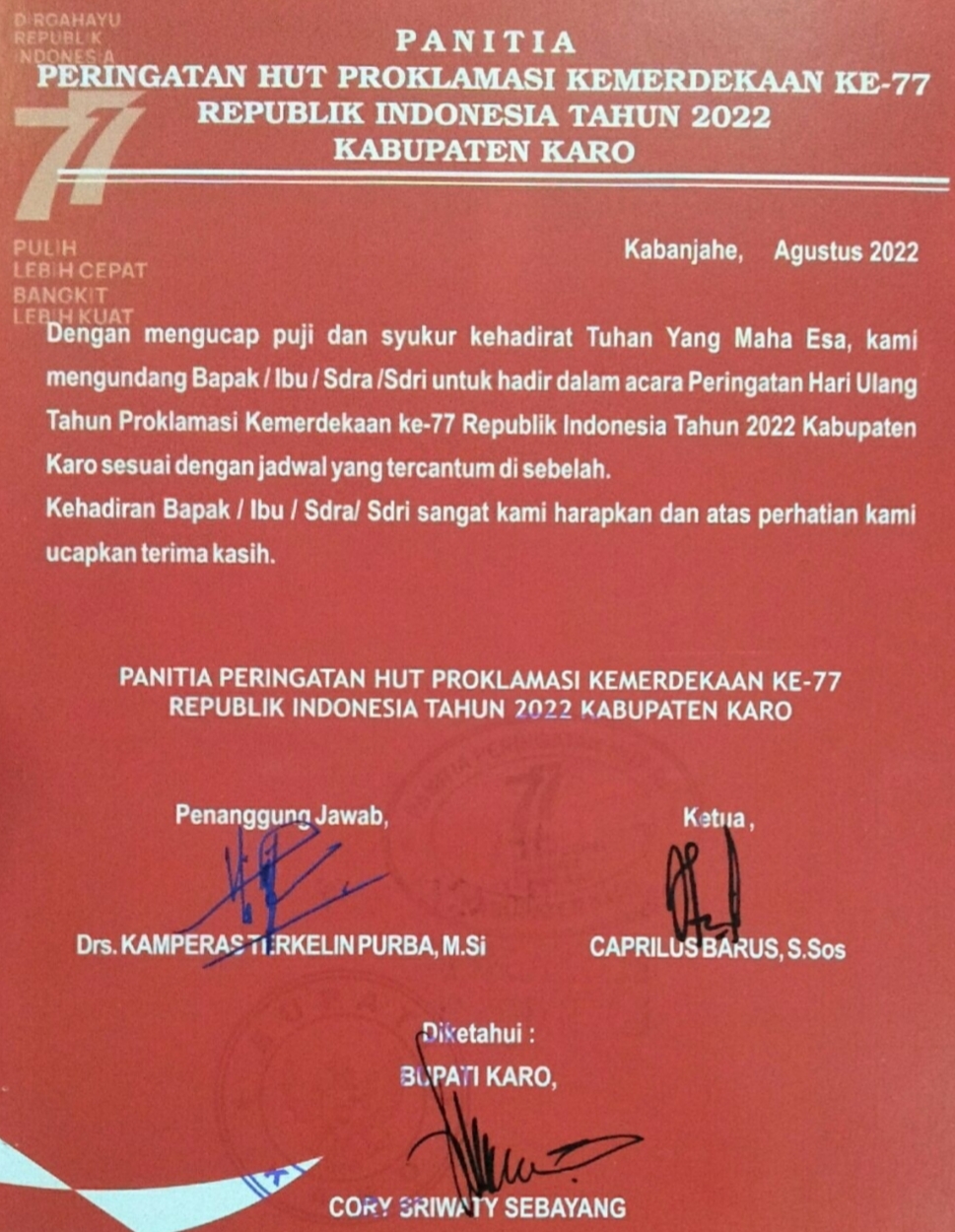 Jadwal Kegiatan Pemkab Karo Menjelang HUT RI Ke-77 (Foto : Rekro)