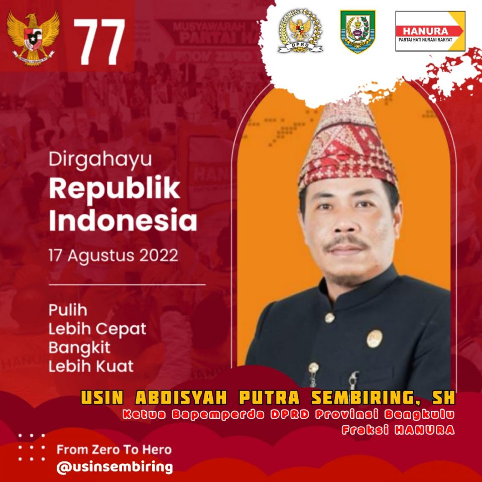 Ketua Bapemperda Dewan Perwakilan Rakyat Daerah (DPRD) Provinsi Bengkulu, dari Fraksi Partai Hanura, Usin Abdisyah Sembiring SH