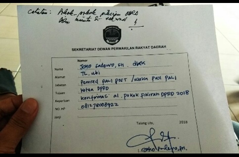 Bukti Isi Tamu untuk menghadap Ketua DPRD Pali