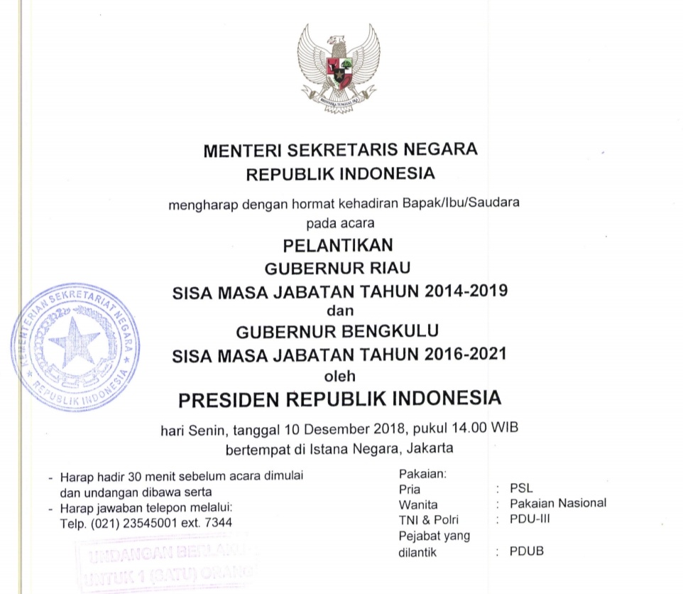 Undangan Pelantikan Gubernur Bengkulu