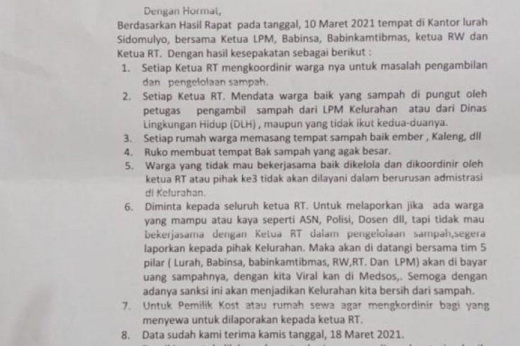 Lurah Sido Mulyo Surati RT Terkait SE Walikota Terkait Kebersihan Lingkungan 