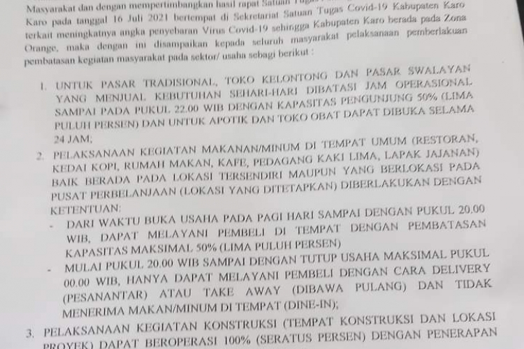 Terkait Pembatasan Kegiatan Masyarakat Bupati Karo Keluarkan Surat Edaran