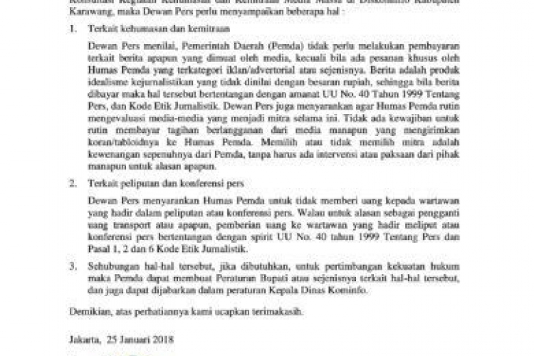 Surat dari dewan pers untuk bupati karawang