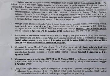 Surat Pengumuman Yang dikeluarkan Bupati Karo Terkelin Brahmana SH MH Terkait Imbauan Menyemarakkan Peringatan HUT Kemerdekaan RI ke-75