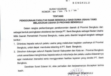 Keluarkan SE Gubernur Rohidin Imbau Pelaku Usaha Gunakan Fasilitas Bank Bengkulu