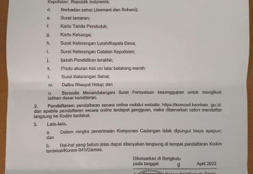Penerimaan Personel Komponen Cadangan (KOMCAD) Matra Darat Di Wilayah Kodam II/Sriwijaya TA 2022 