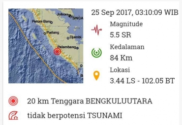 Gempa Berkekuatan 5.5 SR Bengkulu, Tak Bepotensi Tsunami